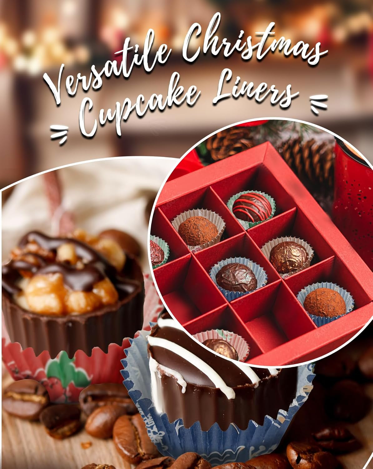 Christmas Mini Cupcake Liners with 12 Pcs Cupcake Toppers, 400 Pcs Muffin Liners, Cupcake Wrappers, Mini Cupcake Liners for Xmas Party, Christmas Holiday