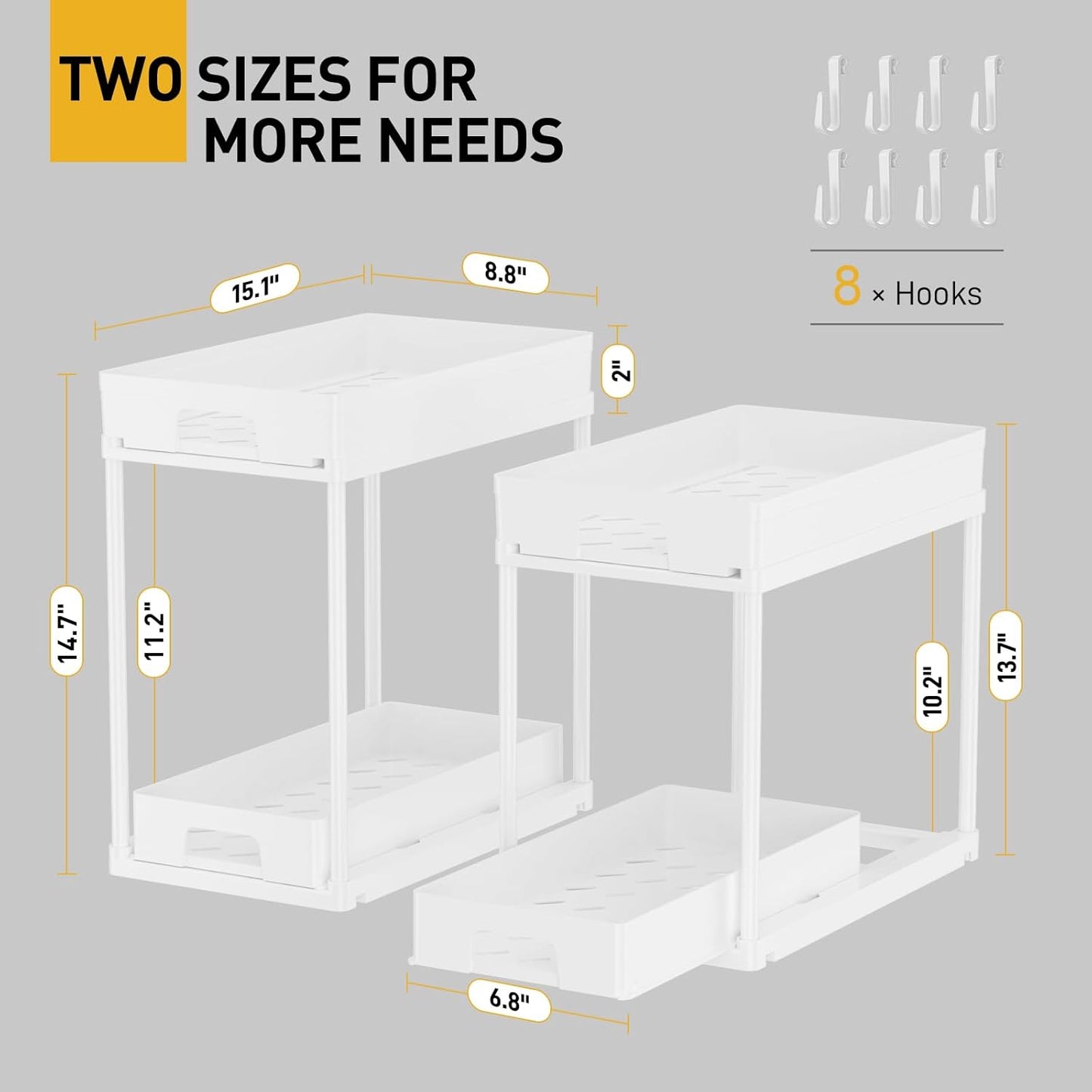 under Sink Organizers and Storage, 2 Pack Pull Out Kitchen Bathroom Cabinet Organizer, 2 Tier White under Sink Storage for Bathroom Kitchen, under Counter Storage Organizer with 8 Hooks