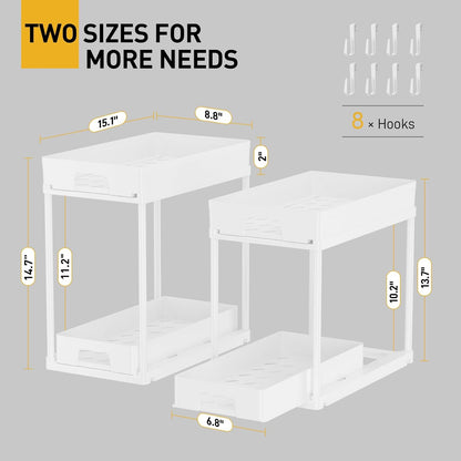 under Sink Organizers and Storage, 2 Pack Pull Out Kitchen Bathroom Cabinet Organizer, 2 Tier White under Sink Storage for Bathroom Kitchen, under Counter Storage Organizer with 8 Hooks