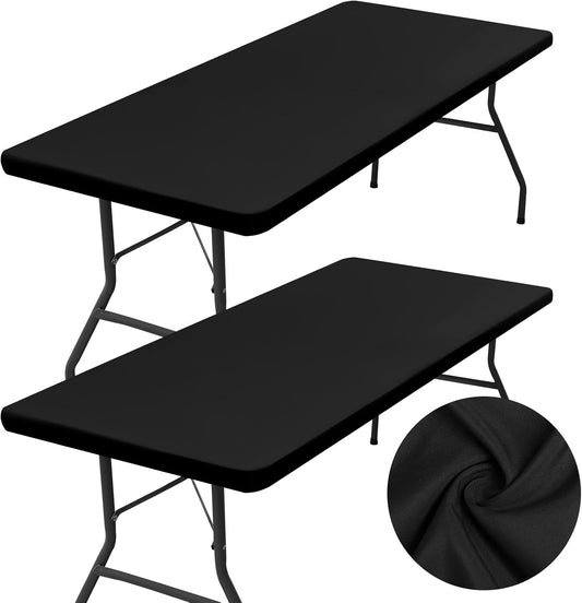 2 Pack Rectangle Table Cloth, Elastic Fitted Fabric Tablecloth Fits for 5 Foot Folding Tables, Washable Table Cover for Picnic, Camping, Indoor & Outdoor (Black, 30" X 60")
