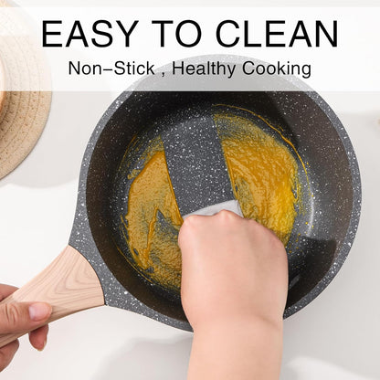Sauce Pan Set with Lid, 1.5QT & 2.5QT Non Stick Small Pots with Granite Coating, Saucepan with Pour Spout, Multipurpose Induction Cooking Pans, PFOA/PFOS Free
