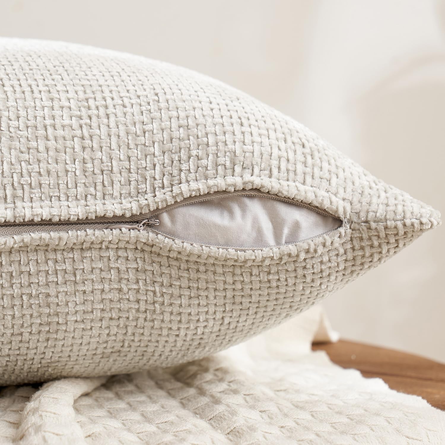 Set of 4 18x18 Inch Neutral Chenille Throw Pillow Covers - Soft Decorative Cushion Covers for Farmhouse Boho and Mid-Century Modern Home Decor in Sofa, Bedroom, and Living Room