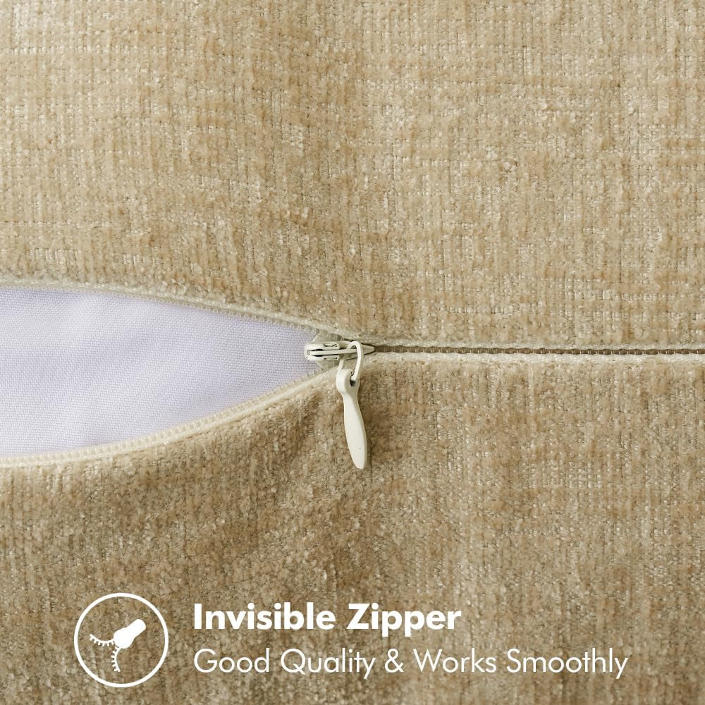 Pack of 2 Couch Throw Pillow Covers 18X18 Inch Beige Farmhouse Decorative Pillow Covers with Stitched Edge Soft Chenille Solid Dyed Spring Pillow Covers for Sofa Bed Living Room