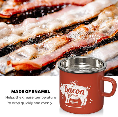 Mini Bacon Grease Container with Strainer - 15OZ Enamel Grease Saver, Farmhouse Bacon Grease Keeper for Kitchen Fat Storage, Dishwasher Safe-Red