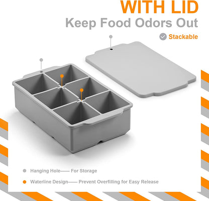 Large Ice Cube Tray with Lid, Stackable Big Silicone Square Ice Cube Mold for Whiskey Cocktails Bourbon Soups Frozen Treats, Easy Release BPA Free