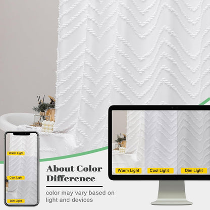 Boho Shower Curtain, White Fabric Cloth Shower Curtains Farmhouse Tufted Chevron Striped Textured with Tassel for Bathroom, Soft Hotel Style Modern Minimalist, Machine Washable, 72X72, White