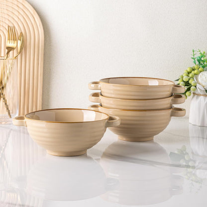 Ceramic Soup Bowls with Double Handles, 24 oz Set of 4 - Ideal for Soup, Cereal, Stew, Salad, Noodles, Ramen - Microwave and Dishwasher Safe