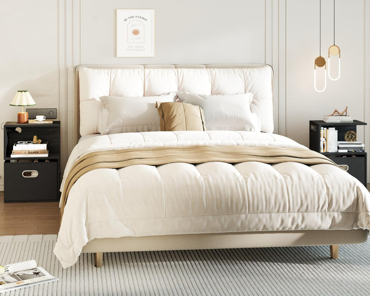 S Nightstand with Charging Station, 3 Tier Open End Table with Drawer, Wood Bedside Table with Storage for Living Room/Bedroom/Small Space, Black Oak