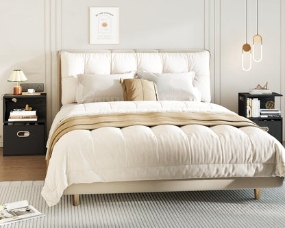 S Nightstand with Charging Station, 3 Tier Open End Table with Drawer, Wood Bedside Table with Storage for Living Room/Bedroom/Small Space, Black Oak