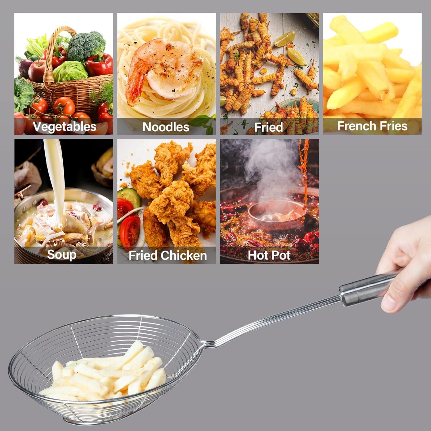 Strainer Skimmer Spoon for Cooking and Frying, 6.3 Inches Strainer with Handle Stainless Steel Kitchen Utensils Fryer Scoop Spoon