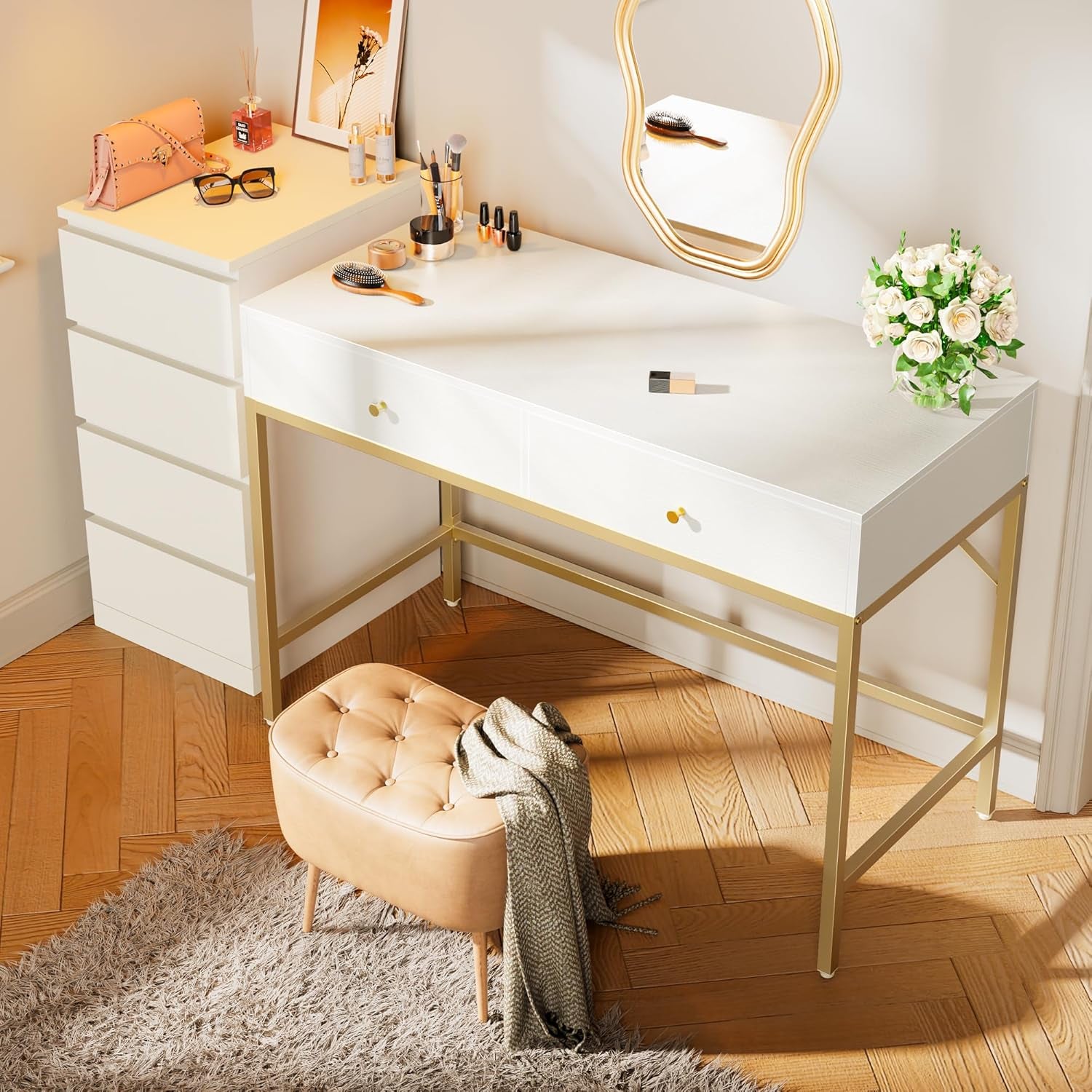 Modern 47-Inch Vanity Desk with Drawers - White and Gold Makeup Dressing Table and Home Office Desk