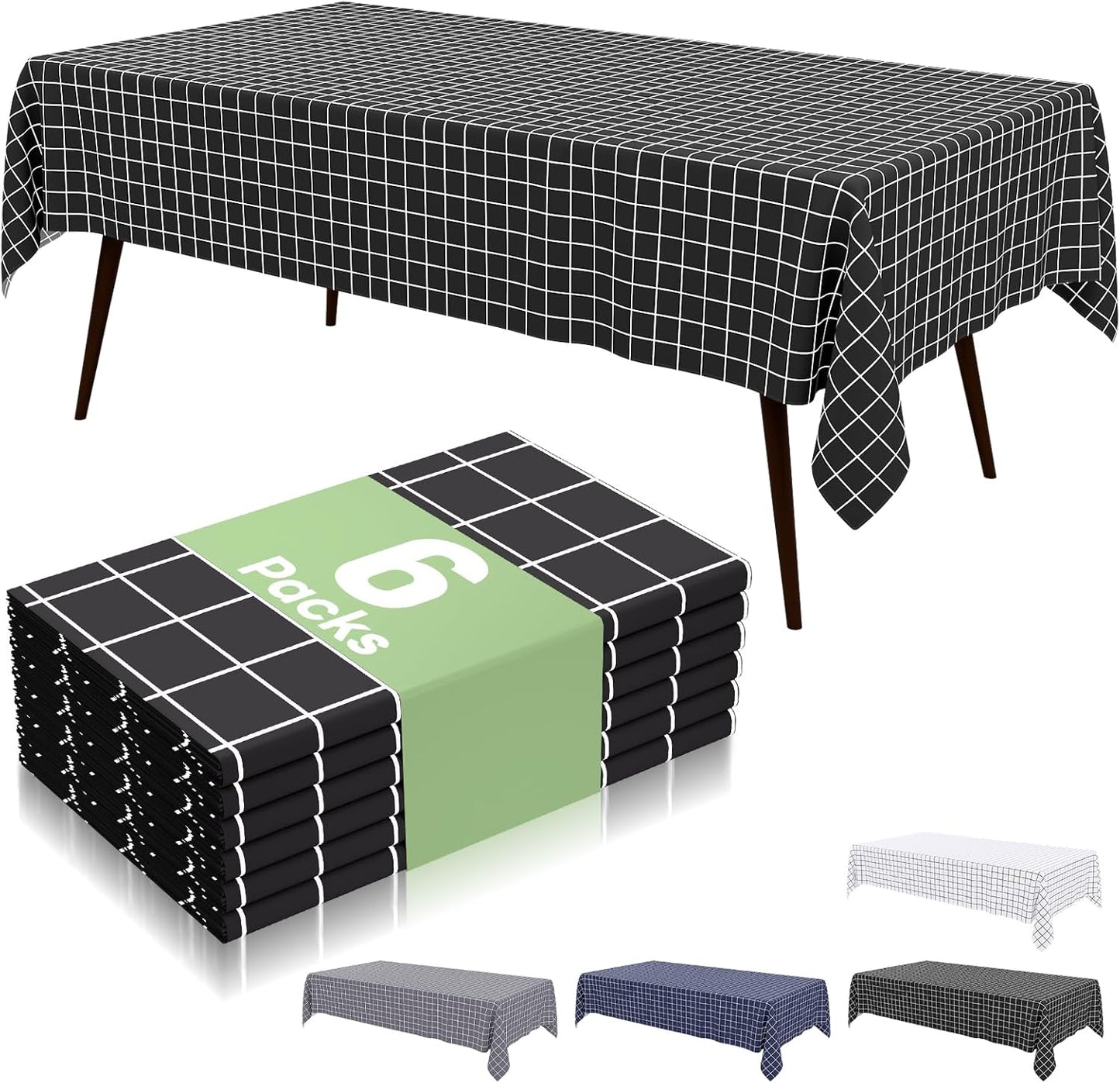 6 Pack Rectangle Waterproof Fabric Table Cloth, Plaid Stain Resistant Polyester Tablecloth, Washable Cloth Table Cover for Dining Room, Outdoor, Picnic (52" X 70", Black)