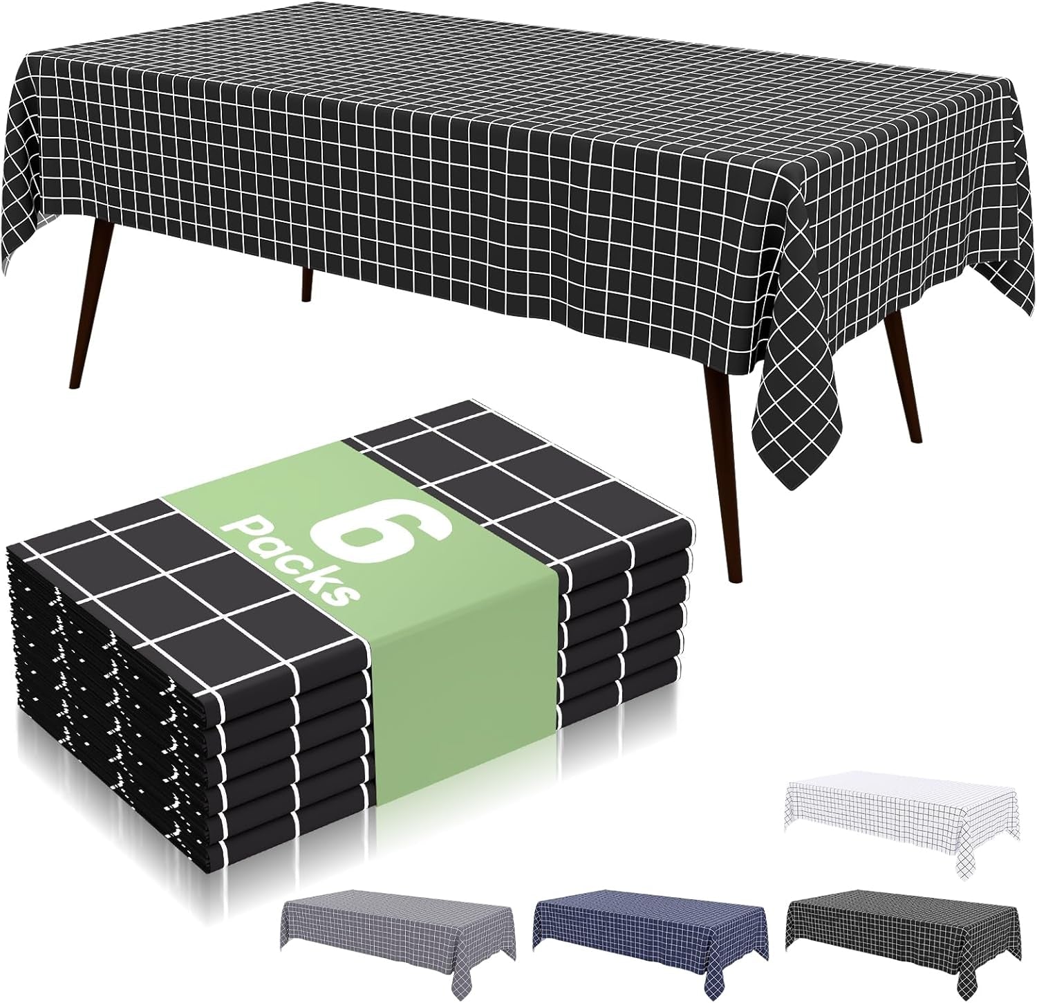6 Pack Rectangle Waterproof Fabric Table Cloth, Plaid Stain Resistant Polyester Tablecloth, Washable Cloth Table Cover for Dining Room, Outdoor, Picnic (52" X 70", Black)