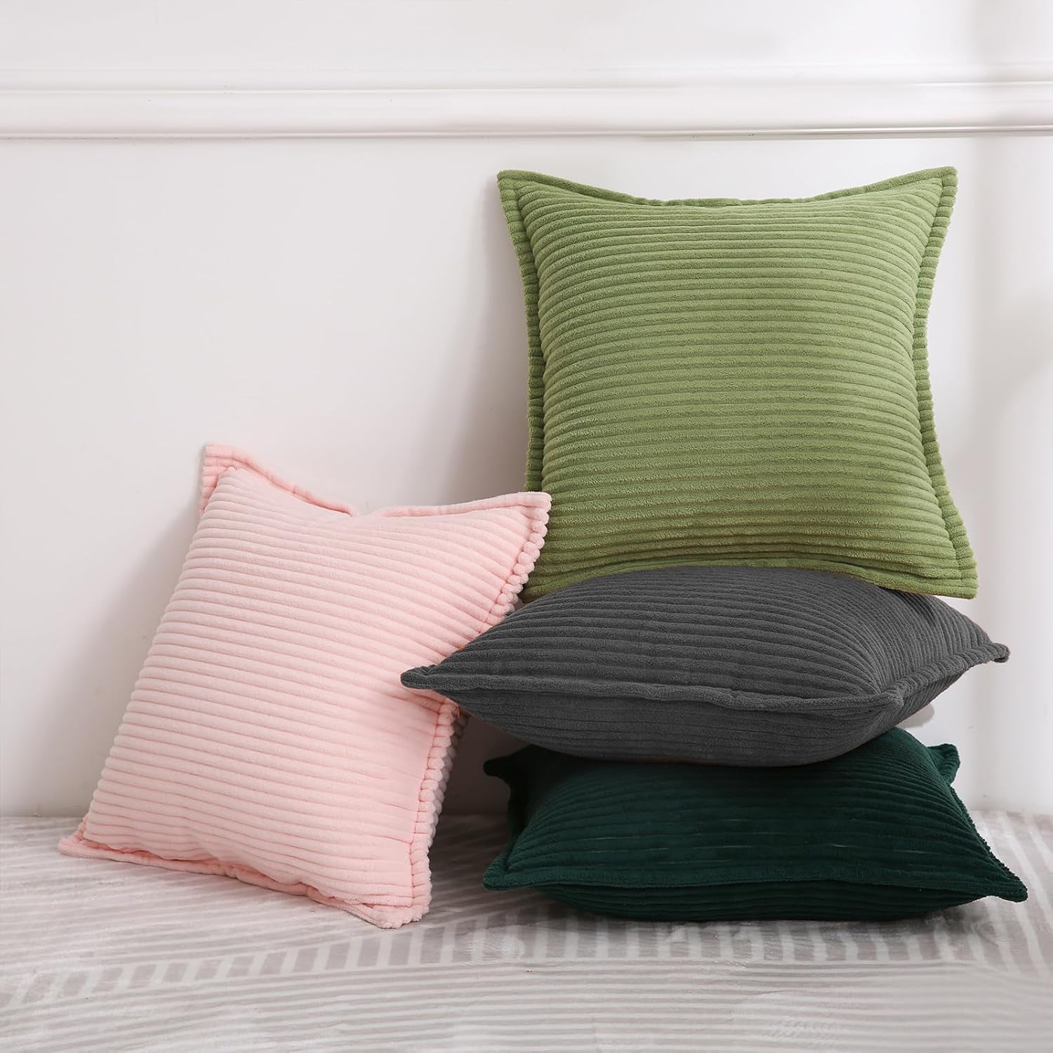 Corduroy Dark Grey Throw Pillow Covers Set of 2 Striped Boho Decorative with Edge Design,Super Soft Throw Pillow Cushion Covers for Couch Sofa Living Room Solid Square 18×18Inch/45Cm×45Cm