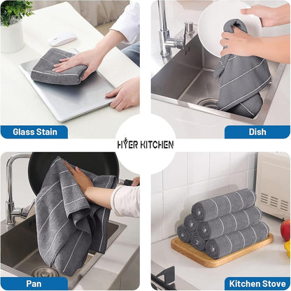 Microfiber Kitchen Towels - Super Absorbent, Soft and Thick Dish Towels, 8 Pack (Stripe Designed Grey Colors), 26 X 18 Inch