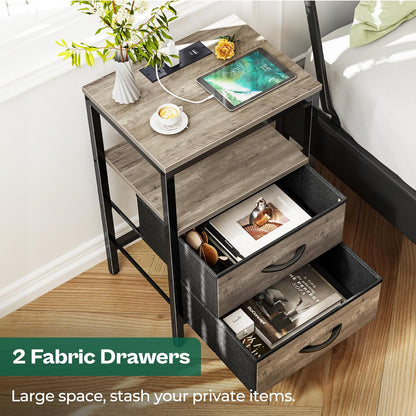 Oak Nightstand with Charging Station, Fabric Drawers, Open Shelf, USB Ports, and Outlets for Bedroom Use