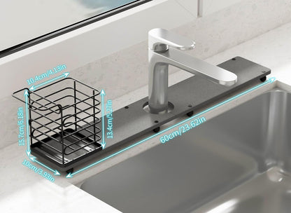 Kitchen Sink Faucet Mat with Brush Holder - 23.6 Inch Absorbent Splash Guard, Diatomite Stone Fast-Drying Mat for Bathroom Counters