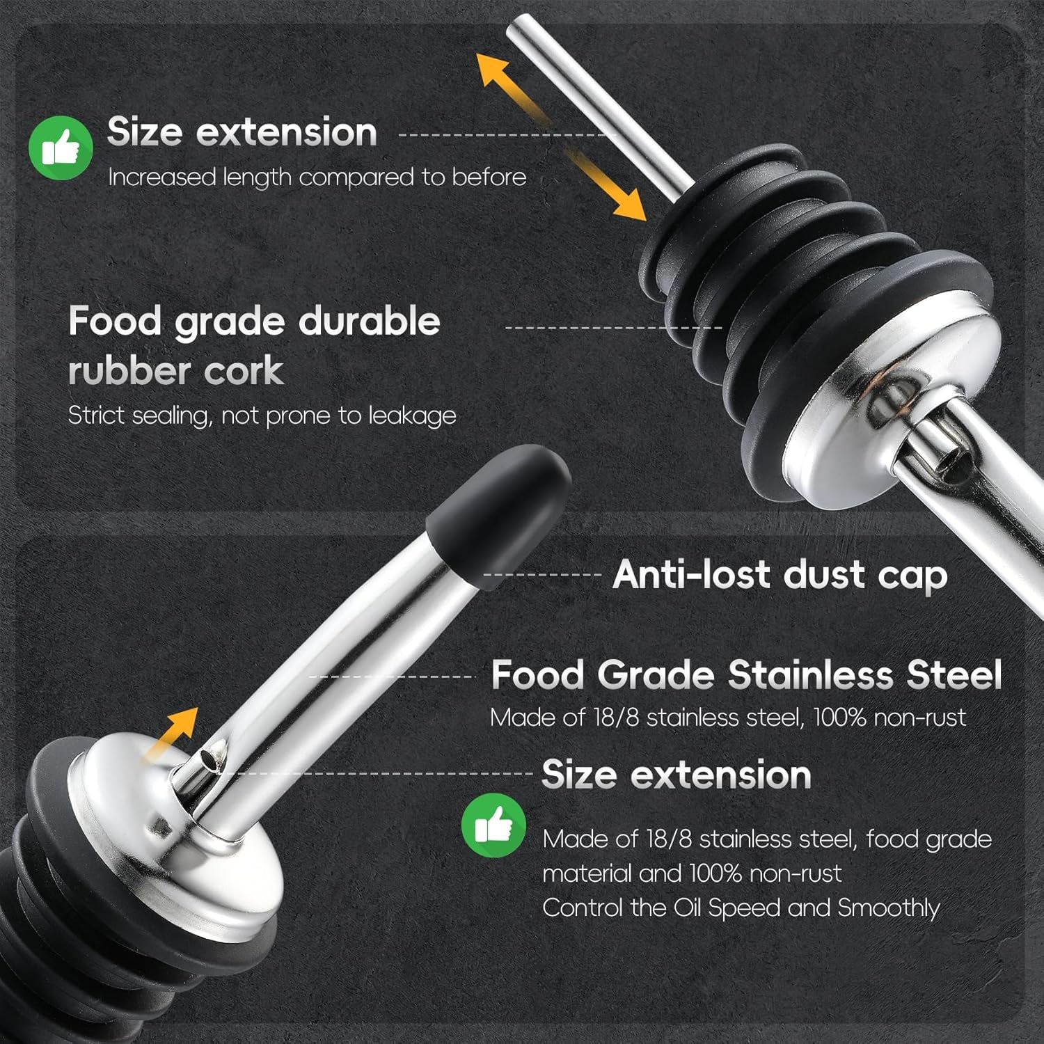 12 Pack Classic Bottle Pourers, Stainless Steel Liquor Pour Spouts Tapered Spout - Liquor Pourers with Rubber Dust Caps for Alcohol, Olive Oil,Bar Bartender Accessories