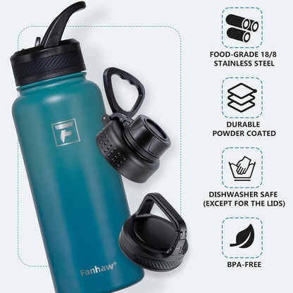 32 Oz Insulated Water Bottle – Portable Stainless Steel Flask with 3 Lids (Straw, Spout, Carabiner) | Leakproof, for Gym, Hiking, Work, Travel & Everyday Use (Green Blue)