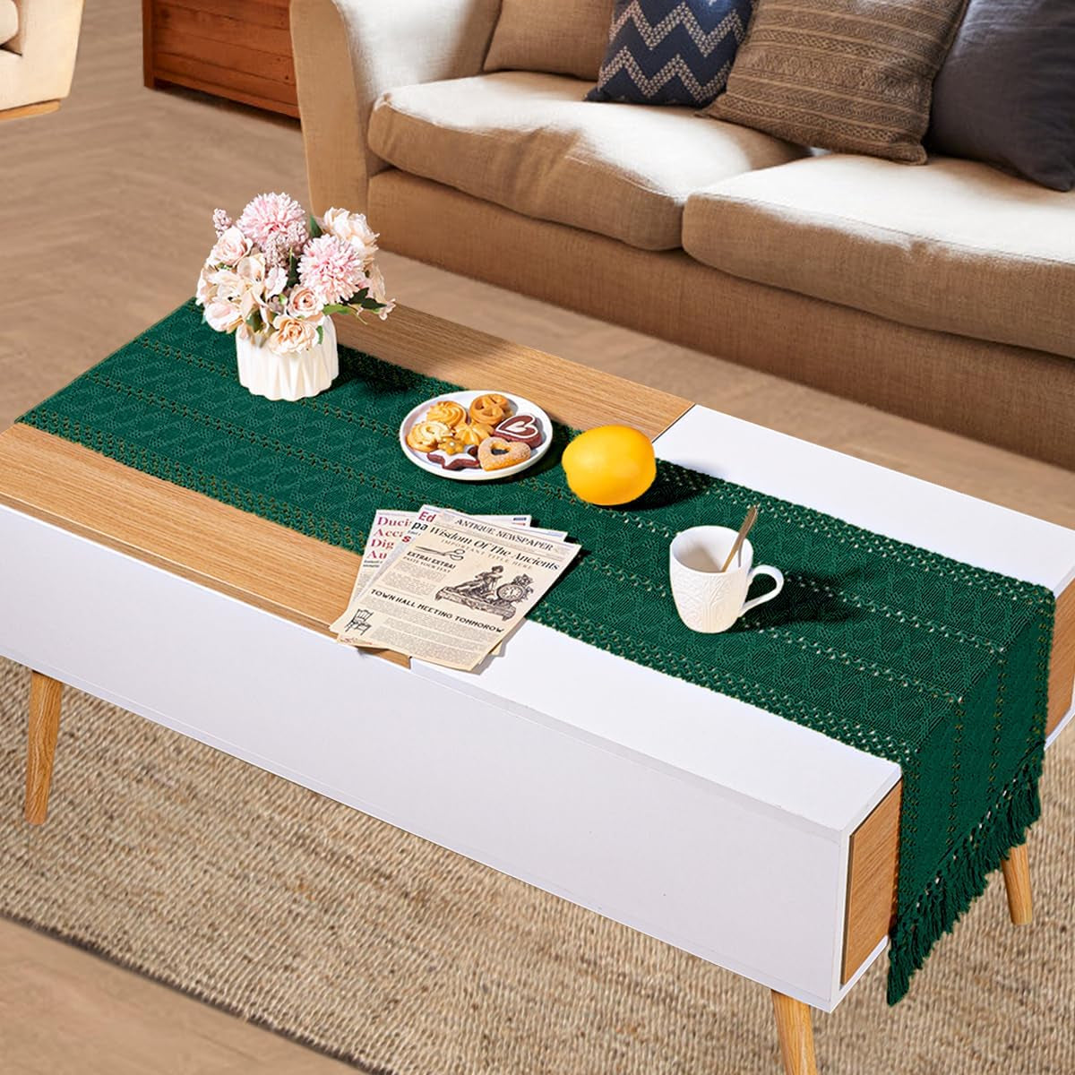 Macrame Table Runner 12 X 36 Inches Boho Farmhouse Table Runner with Tassels Cotton Linen Woven Table Runner for Spring Dining Table Home Decor, Emerald Green