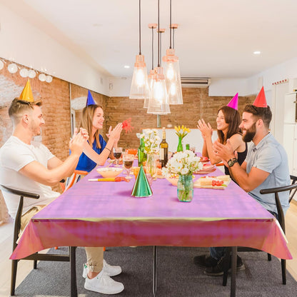 Set of 2 Iridescent Orange and Pink Disposable Tablecloths, 40 x 108 Inches, Shiny Laser Glitter Plastic Covers for Party, Wedding, and Banquet Decorations