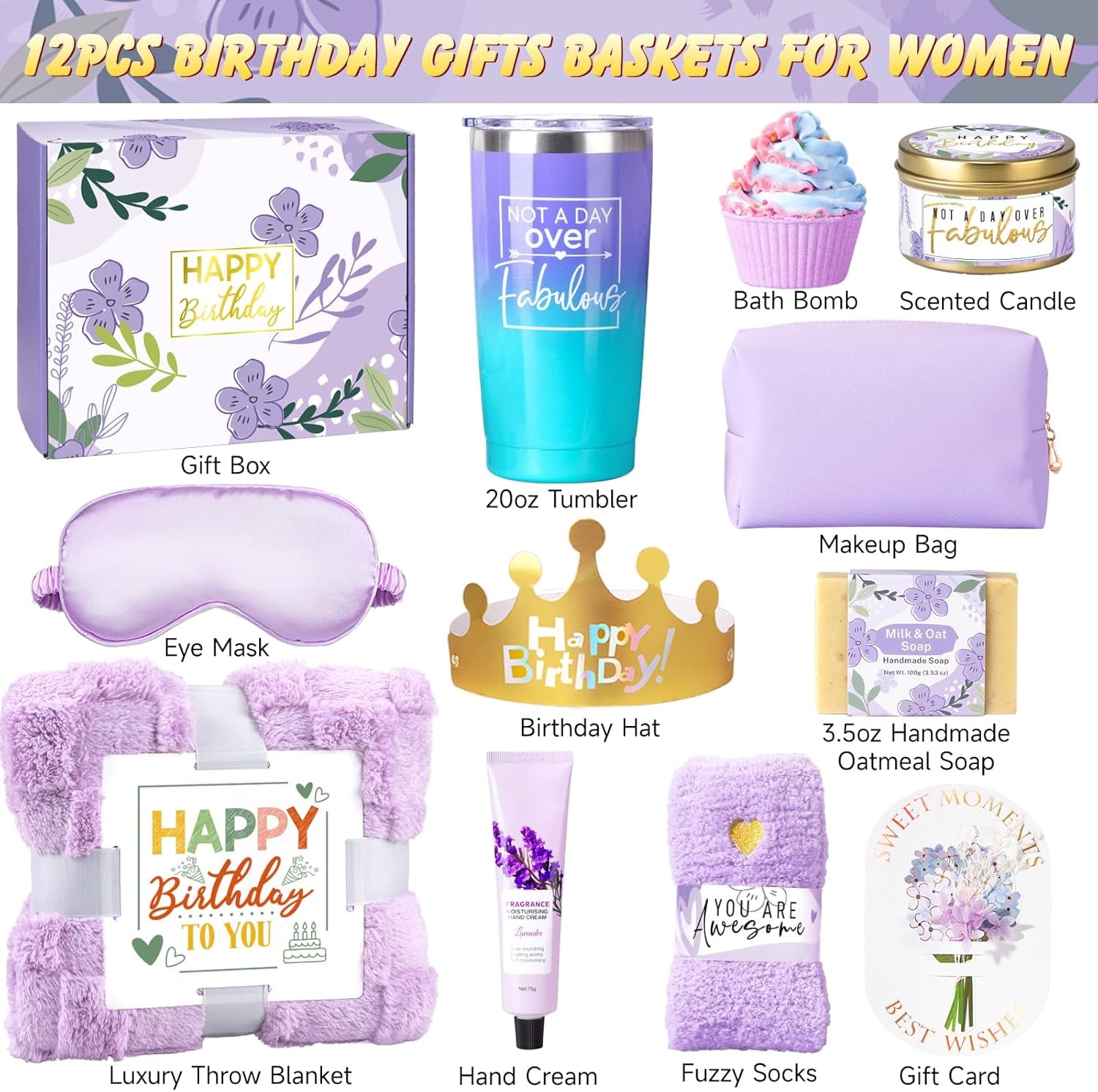Birthday Gifts for Women Friendship, Unique Happy Birthday Gift Basket for Mom Wife Her Best Friend Sister Girlfriend Coworker W/Flannel Blanket, Luxury Self Care Box Lavender Relaxing Spa Gifts Set