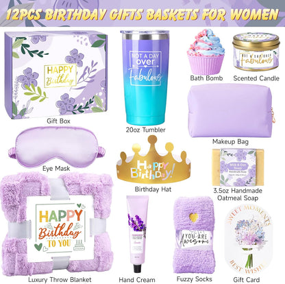 Birthday Gifts for Women Friendship, Unique Happy Birthday Gift Basket for Mom Wife Her Best Friend Sister Girlfriend Coworker W/Flannel Blanket, Luxury Self Care Box Lavender Relaxing Spa Gifts Set
