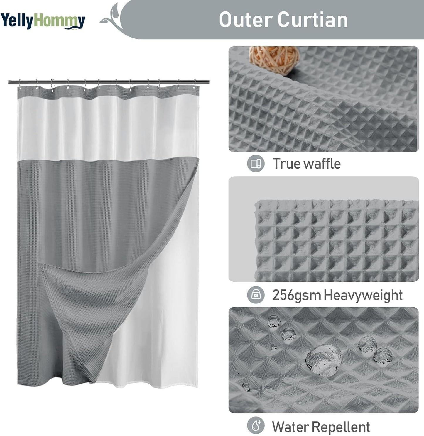 Shower Curtain and Liner Set,Grey Waffle Hotel Shower Curtain with Snap in Liner and Hooks,Double Shower Curtains Washable for Bathroom 72" Wx78 L