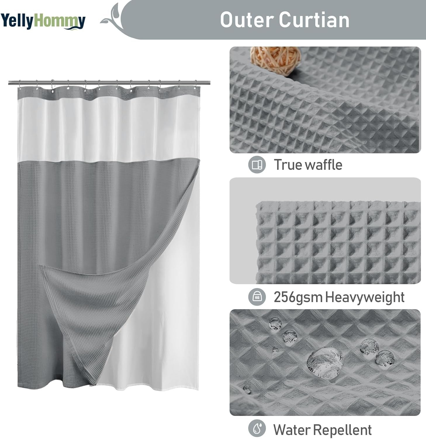 Shower Curtain and Liner Set,Grey Waffle Hotel Shower Curtain with Snap in Liner and Hooks,Double Shower Curtains Washable for Bathroom 72" Wx78 L