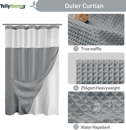 Shower Curtain and Liner Set,Grey Waffle Hotel Shower Curtain with Snap in Liner and Hooks,Double Shower Curtains Washable for Bathroom 72" Wx78 L