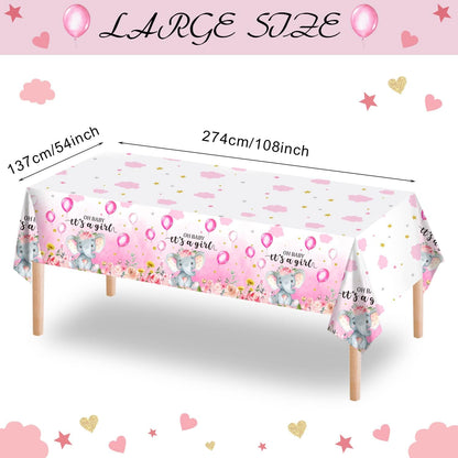 3 Pack Elephant Baby Shower Decorations - Plastic Tablecloth Table Cover Backdrop for Boy Girl Gender Party Supplies, 54 X 108 Inch, Pink