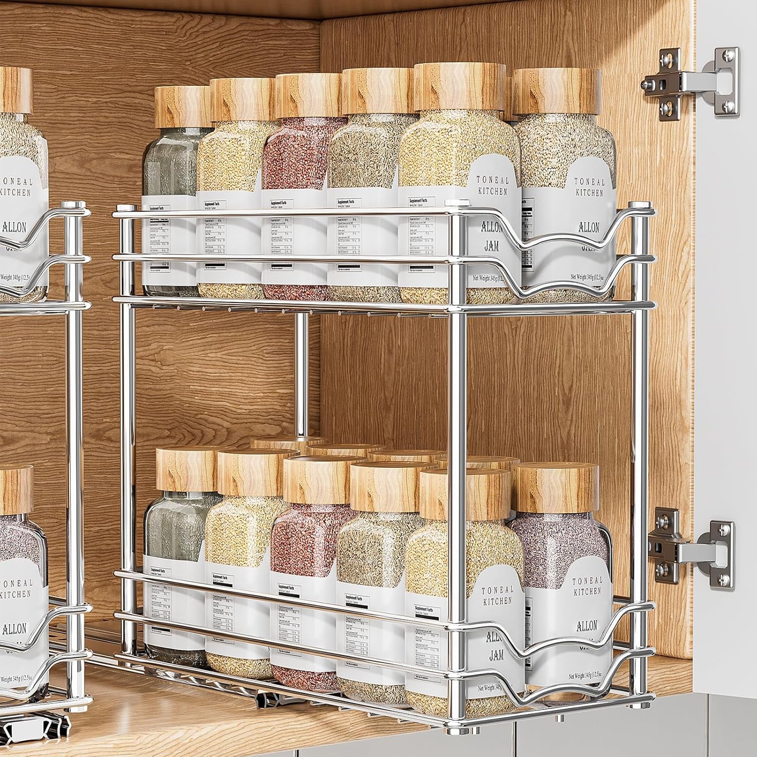 Pull Out Spice Rack Organizer for inside Cabinet, Slide Out Spice Organization for Cabinet, 4.9''Wx10.4''Dx9.57''H, Chrome Vertical Sliding Seasoning Organizer - 2 Tier