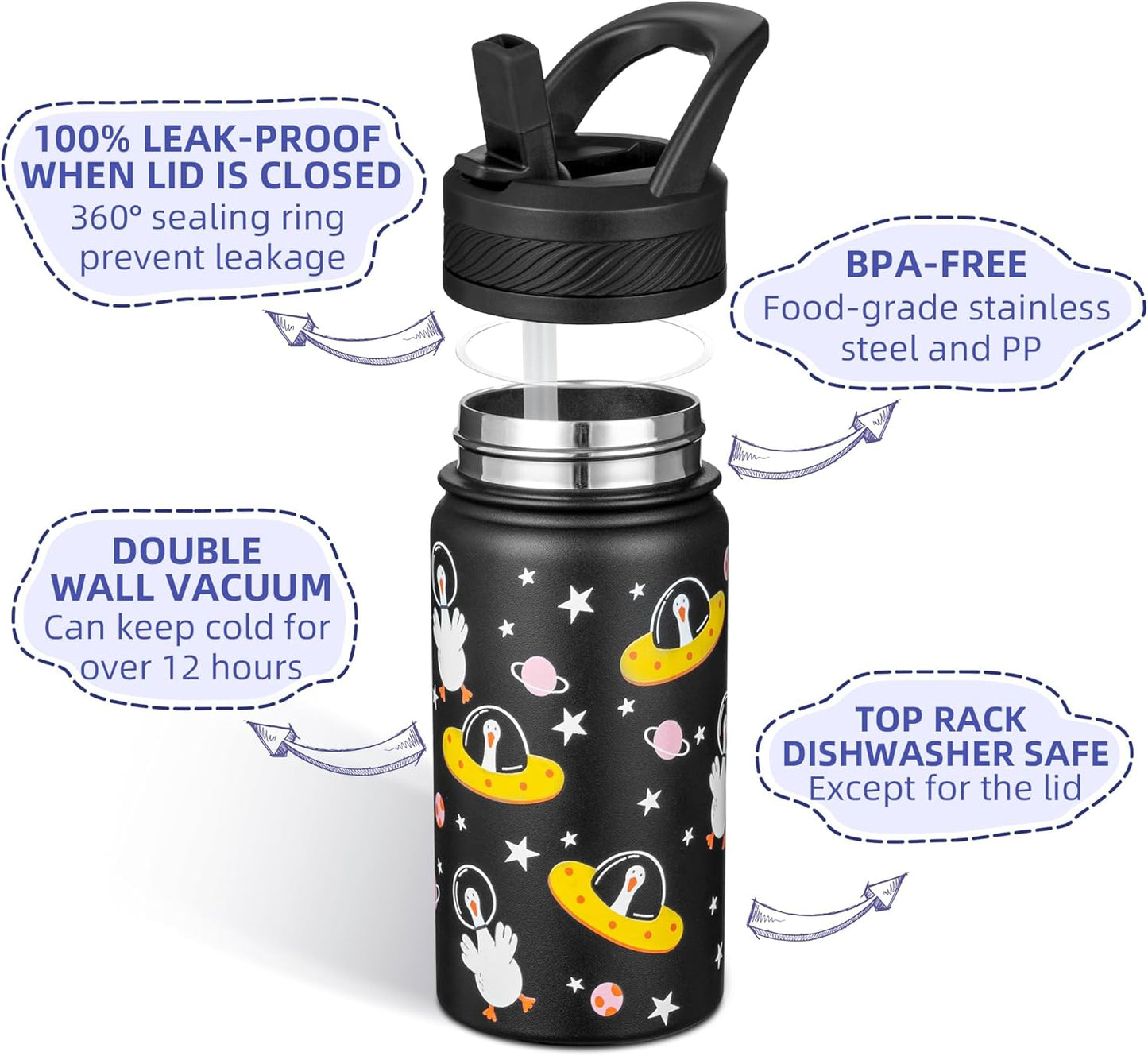 14 Oz Kids Insulated Water Bottle with Straw - Stainless Steel Double Wall Vacuum Cup, Leakproof, BPA Free, Suitable for Boys and Girls(Black - Duck in Space)