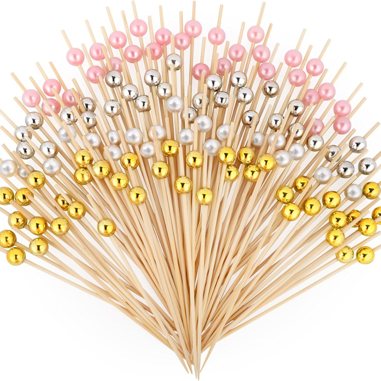 200 Cocktail Picks, Decorative Pearl Fancy Toothpicks for Appetizers, 4.7 in Long Bamboo Skewers Wood Garnish Sticks for Food Drink Fruit Party Charcuterie Boards Accessories (Gold/White/Pink/Silver)