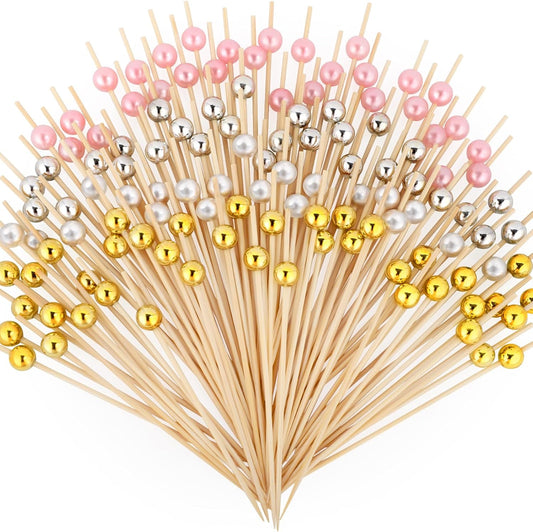 200 Cocktail Picks, Decorative Pearl Fancy Toothpicks for Appetizers, 4.7 in Long Bamboo Skewers Wood Garnish Sticks for Food Drink Fruit Party Charcuterie Boards Accessories (Gold/White/Pink/Silver)