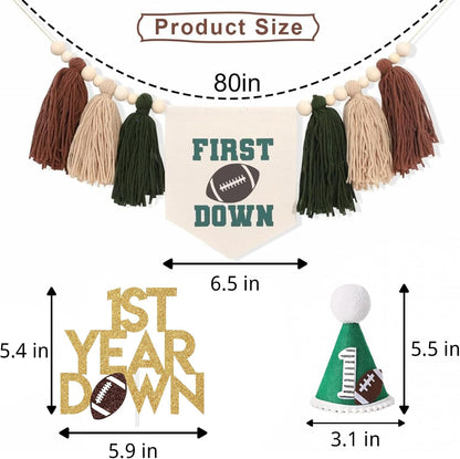 First Year down Birthday Party Decorations Football Theme Set, 1St Birthday Football Candle, High Chair Banner, Cake Topper, Hat for Baby'S First Birthday, First down Football Party Supplies