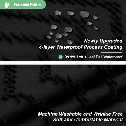 Boho Farmhouse Shower Curtain, Black Fabric Tufted Chevron Striped Textured Tassel Shower Curtains for Bathroom, Water Repellent, Minimalist Ruffled Cloth Shower Curtain Set with Hook, 72X72