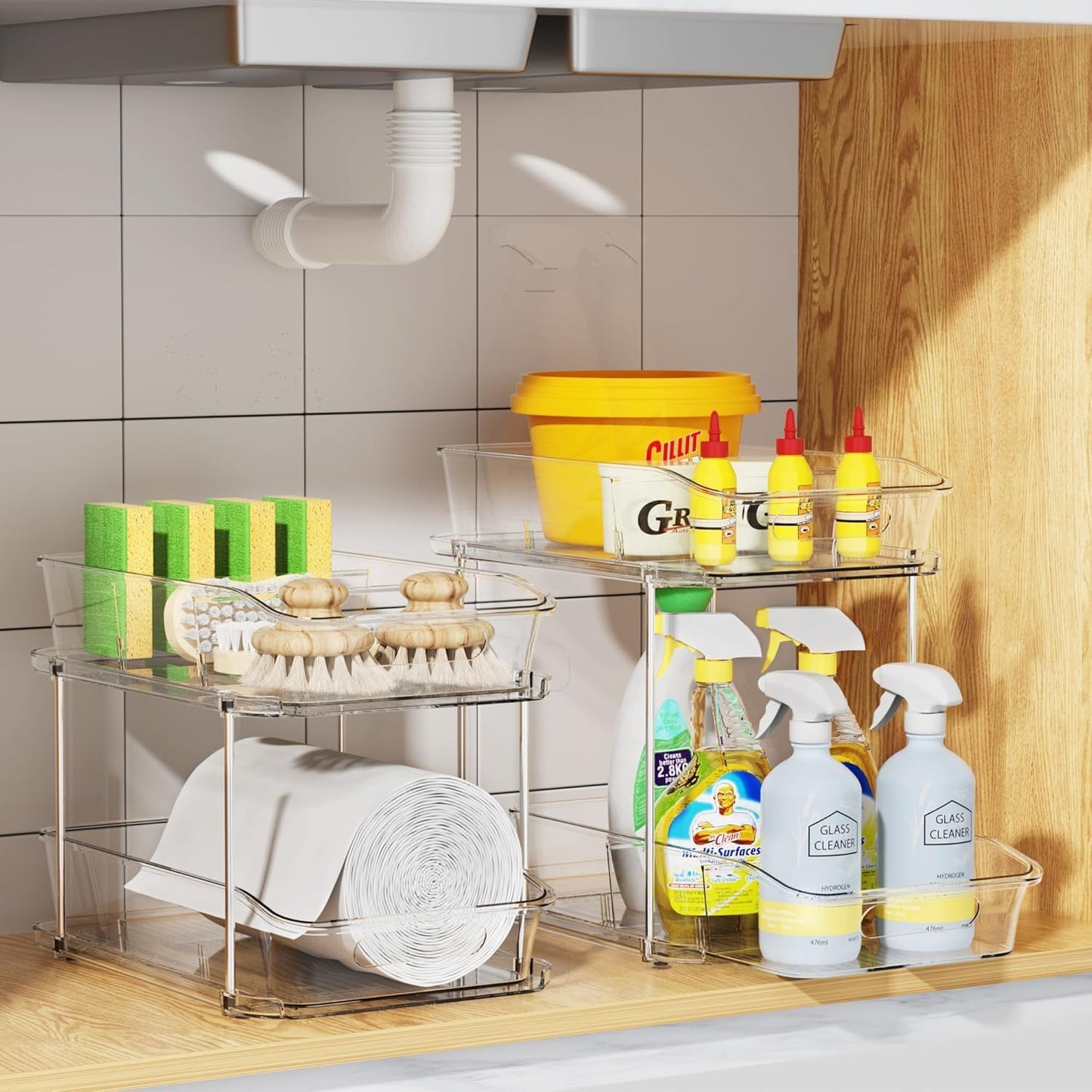 2 Sets of 2-Tier Clear under Sink Organizers and Storage, Multi-Purpose Stackable Bathroom Cabinet Organizers, Pull Out Kitchen Pantry Organization and Storage with Dividers