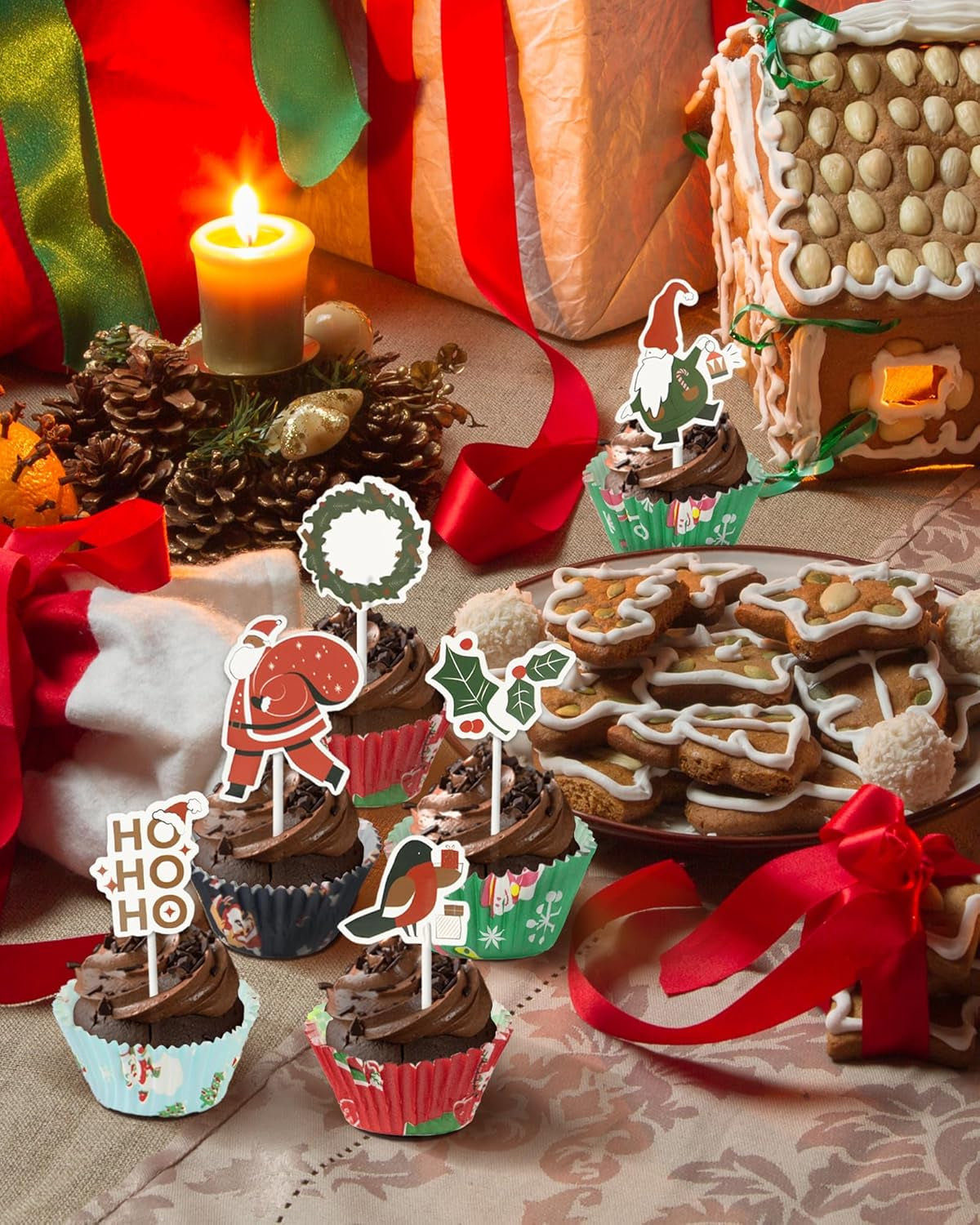 400 Pcs Christmas Cupcake Liners with 12 Pcs Cupcake Toppers, Mini Cupcake Liners, Mini Muffin Liners for Xmas Party, Baby Shower, Christmas Holiday, Birthday Party