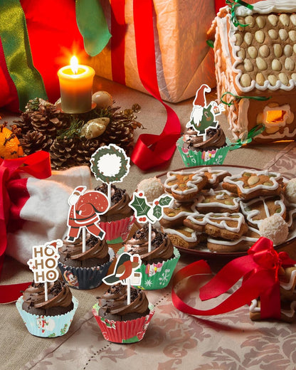 400 Pcs Christmas Cupcake Liners with 12 Pcs Cupcake Toppers, Mini Cupcake Liners, Mini Muffin Liners for Xmas Party, Baby Shower, Christmas Holiday, Birthday Party