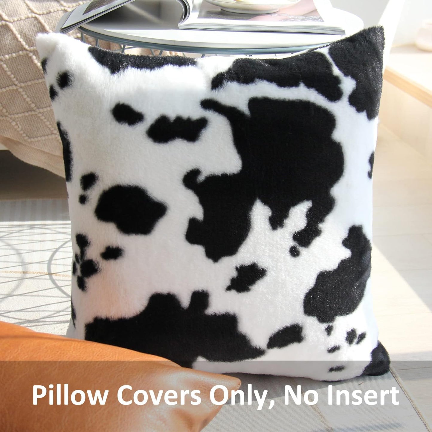 Cowhide Throw Pillow Covers Farmhouse Animal Skin Soft Cozy Fleece Flurry Cushion Case Cow Pattern Faux Fur Pillowcases for Couch Bedroom Set of 2 18 X 18 Inch Black