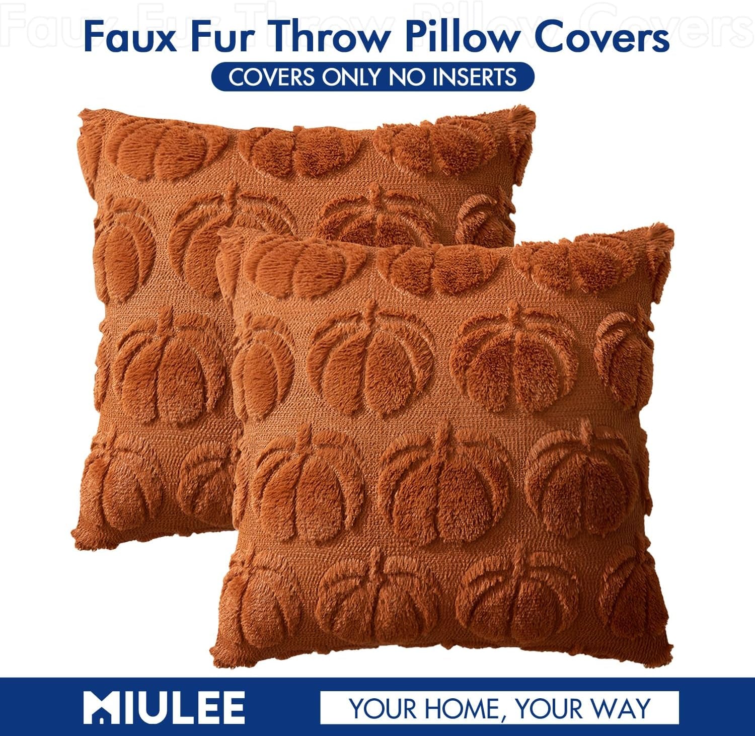 Fall Throw Pillow Covers 18X18 Set of 2 Autumn Decorations Dark Rust Pumpkin Accent Pillowcase for Outdoor Porch Sofa Couch Bed Living Room Plush Faux Fur Halloween Farmhouse Home Decor