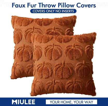 Fall Throw Pillow Covers 18X18 Set of 2 Autumn Decorations Dark Rust Pumpkin Accent Pillowcase for Outdoor Porch Sofa Couch Bed Living Room Plush Faux Fur Halloween Farmhouse Home Decor