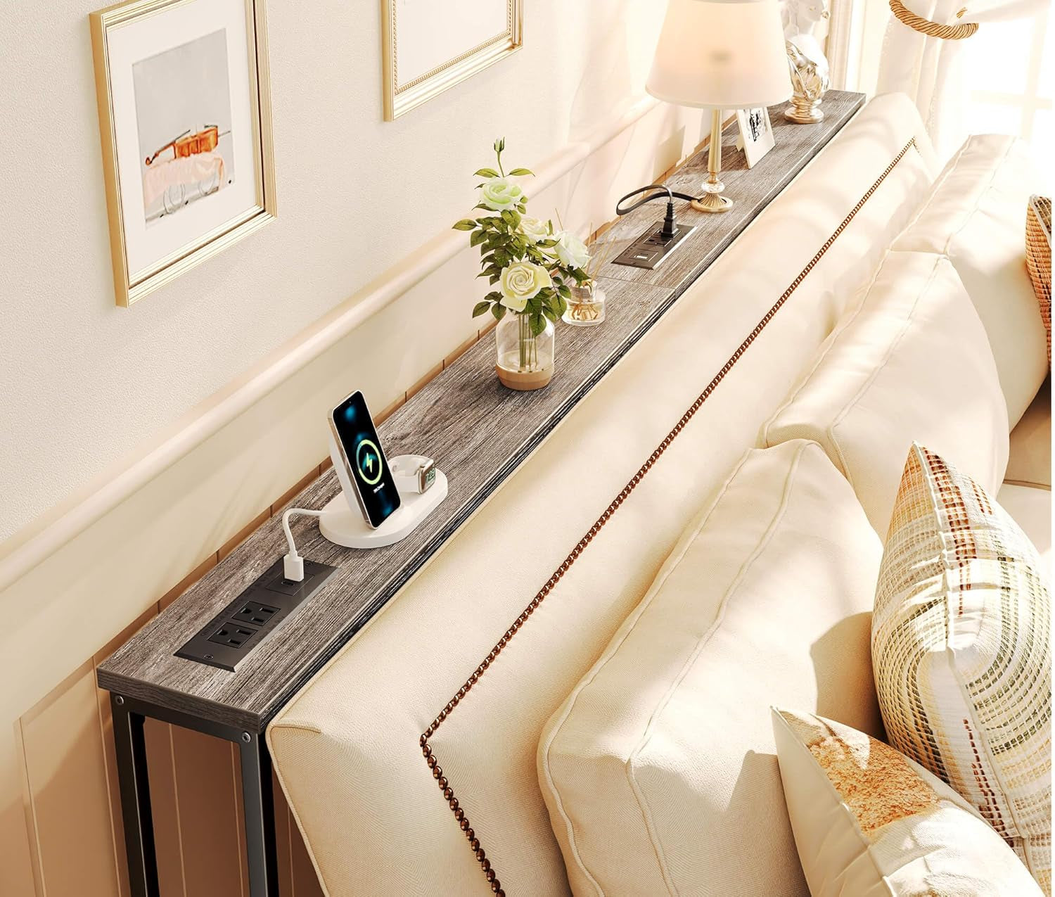 5.9-Inch Narrow Console Table Set of 2 with Outlet, 78-Inch Length, Behind Couch and Entryway Tables with Charging Station, Charcoal Gray for Living Room