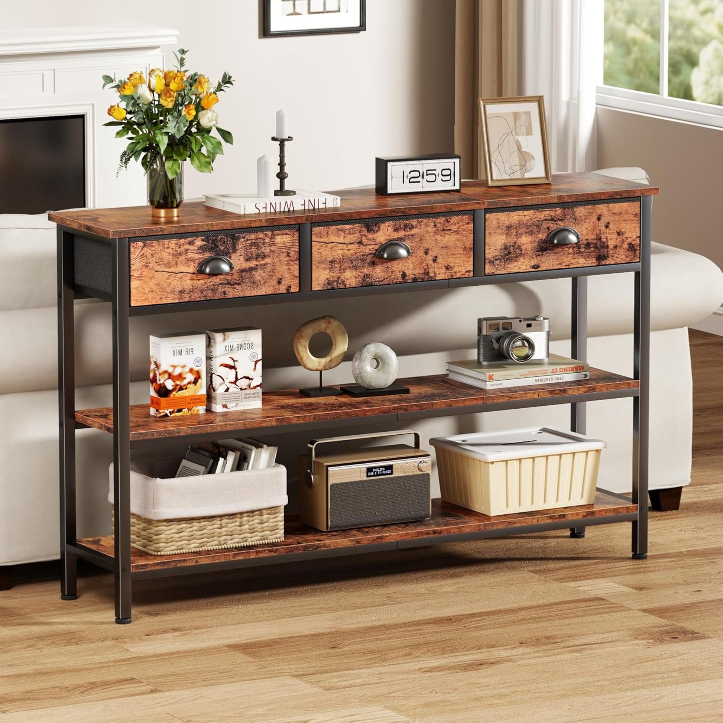 Long 47" Console Sofa Table with 3 Drawers, Entryway Table with 3-Tier Storage Shelves, Industrial Display Shelf for Entry Way, Hallway, Couch, Living Room, Kitchen, Foyer, Rustic Brown