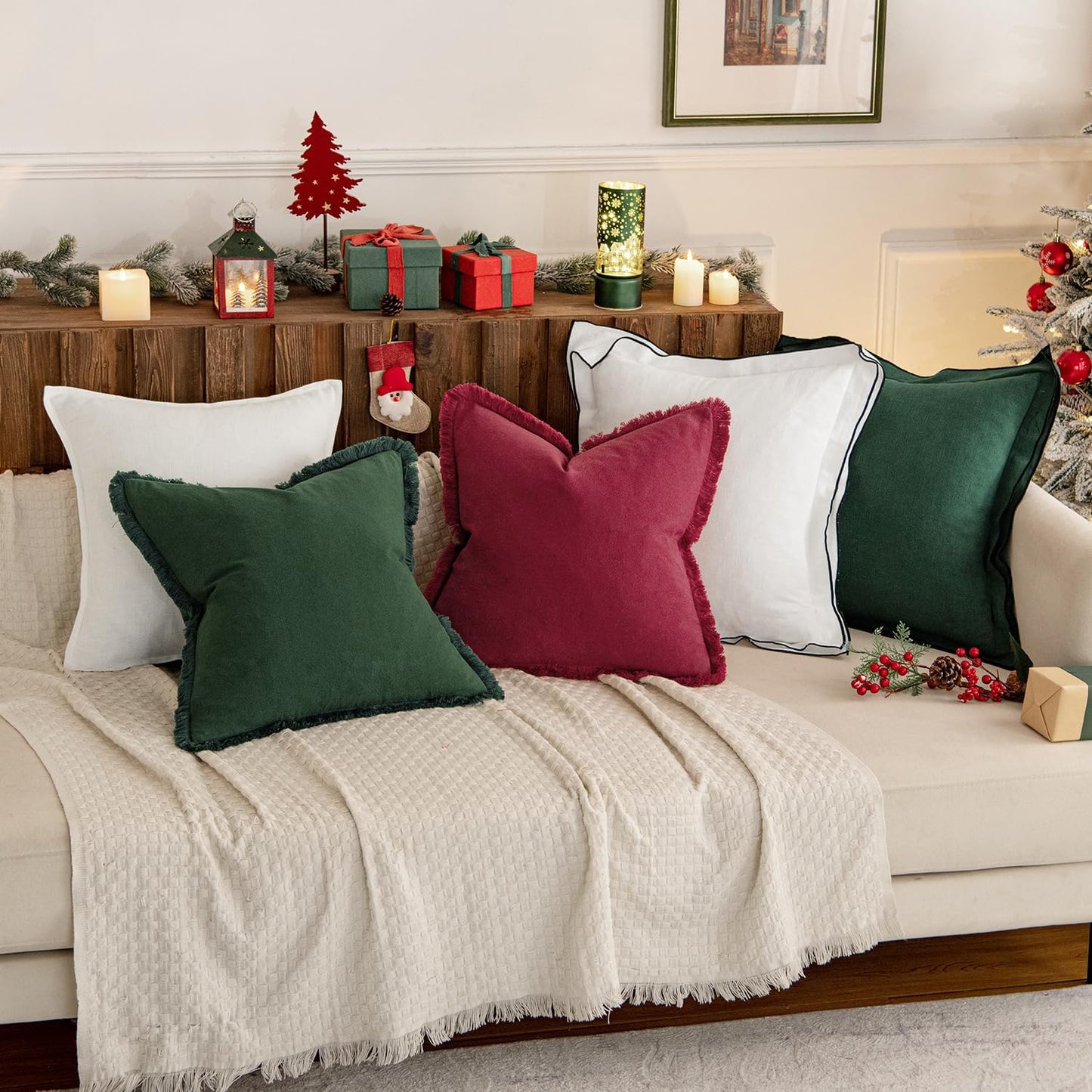 Throw Pillow Covers Boho Farmhouse 24X24 Christmas Set of 2 Decorative Burgundy Red Eruo Sham Couch with Fringe Chic Cotton Pillowcases Home Decor Accents for Cushion Soft Bed Living Room