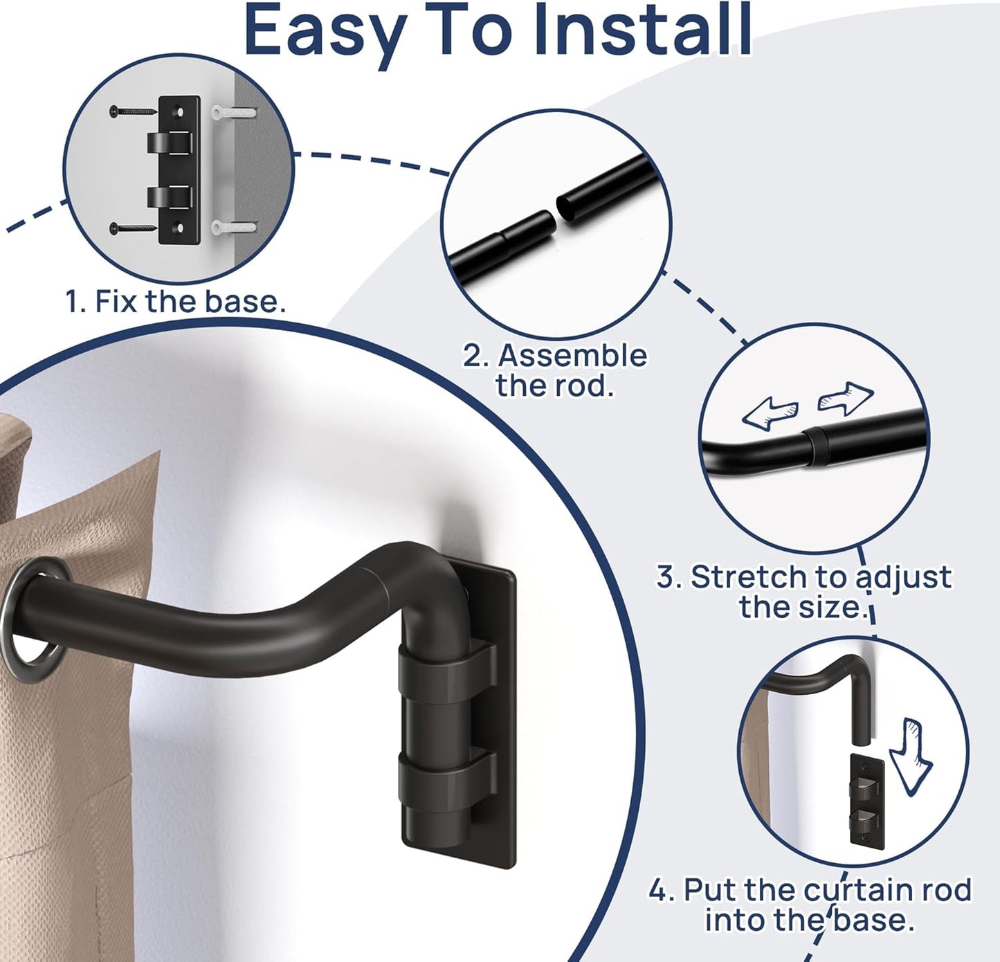 Blackout Curtain Rod for Windows 28 to 48, Wrap around Curtain Rods for Bedroom, Living Room, Adjustable from 30 to 57 Inches, Matte Black
