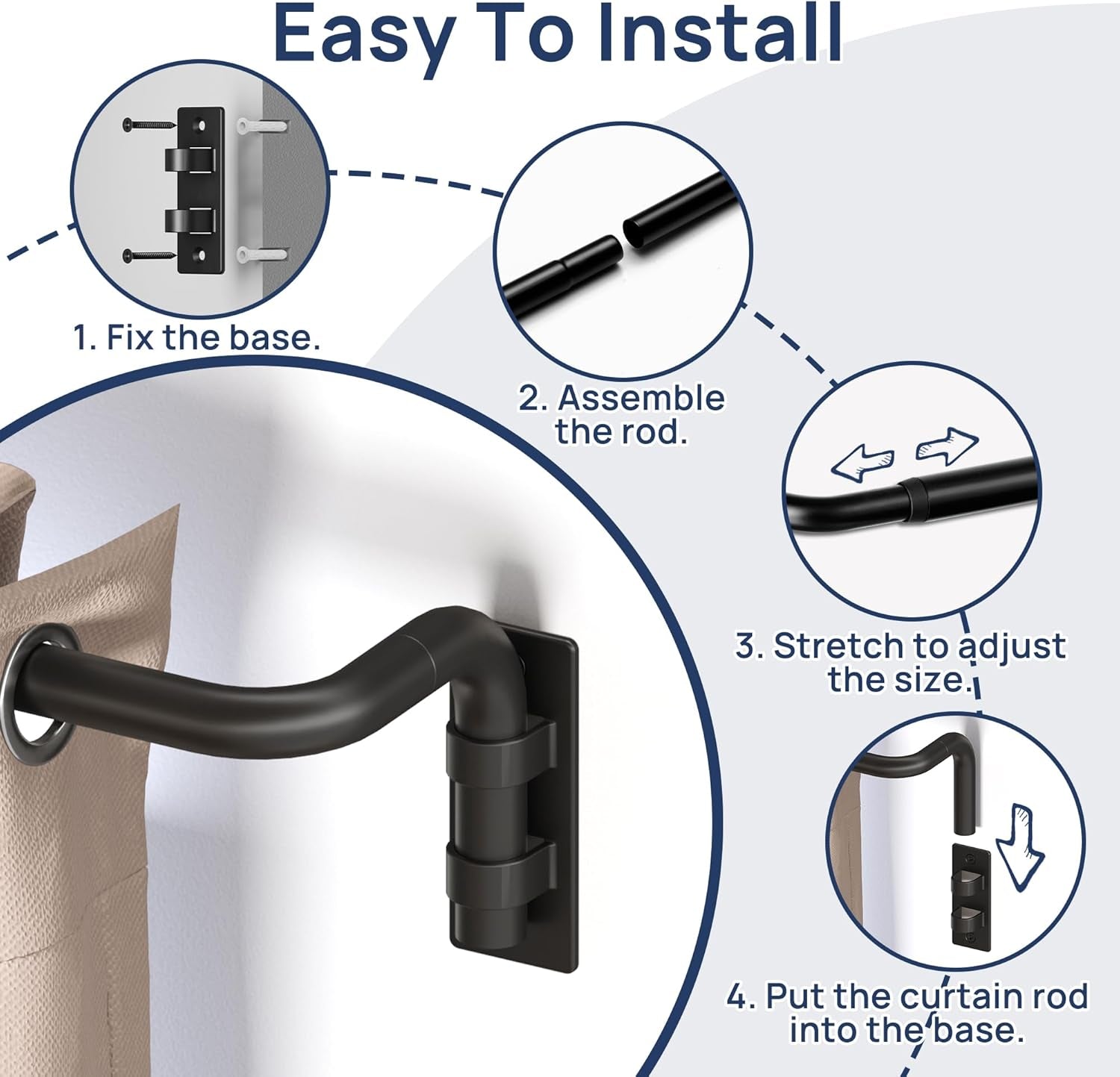 Blackout Curtain Rod for Windows 28 to 48, Wrap around Curtain Rods for Bedroom, Living Room, Adjustable from 30 to 57 Inches, Matte Black