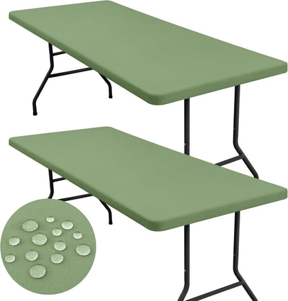 2 Pack 6 Foot Rectangle Elastic Fitted Tablecloth, Waterproof Fabric Table Cover, Washable Polyester Table Cloth for Picnic, Camping, Outdoor (Sage Green, 30" X 72")