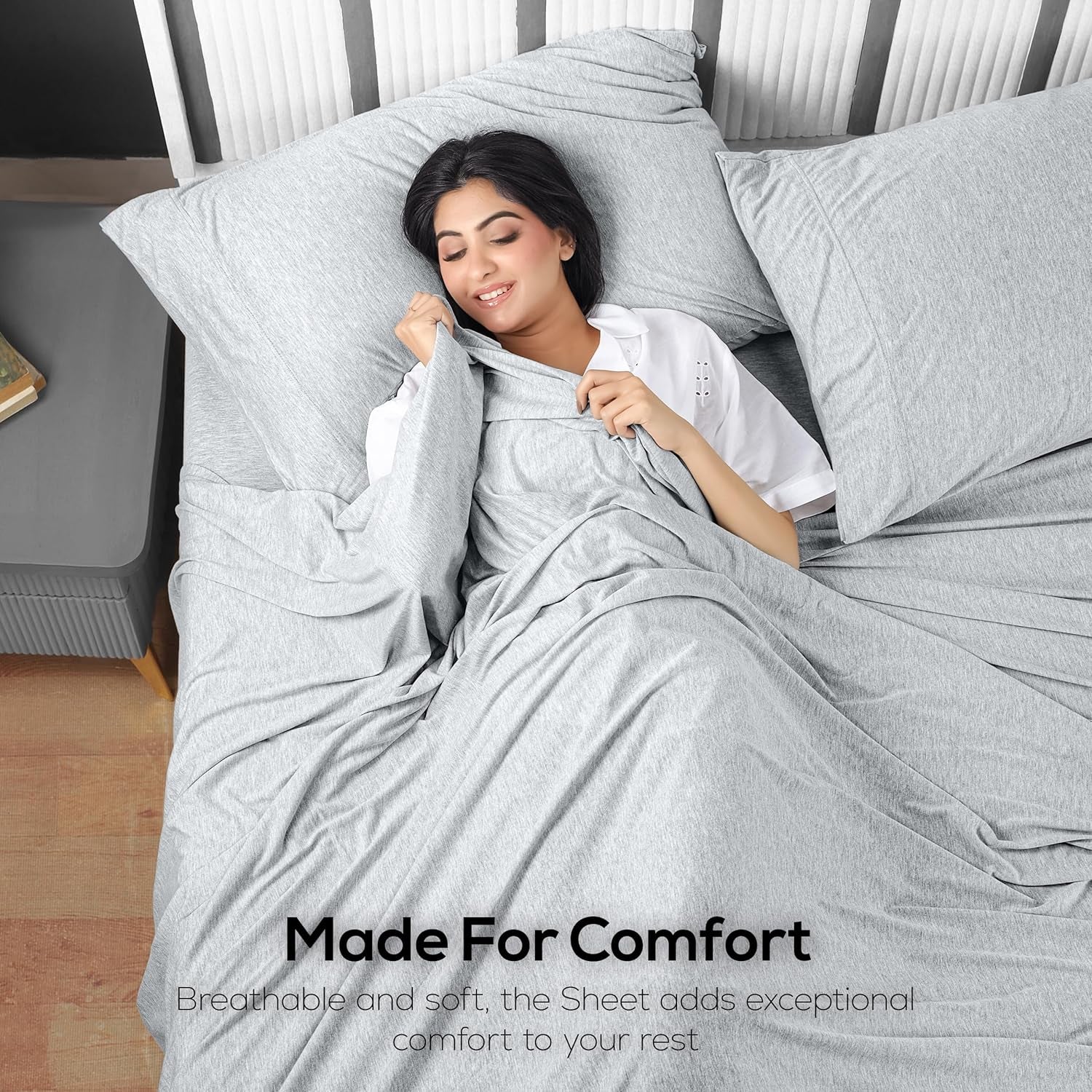 Queen Sheet Set - Jersey Knit Sheets 4 Piece – Cotton – Soft T-Shirt Stretchy Sheets (Heather Light Grey)
